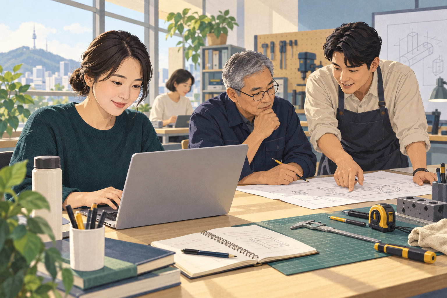 성인 학습자들이 노트북과 실습 도구를 사용해 직업훈련을 받는 모습을 표현한 일러스트